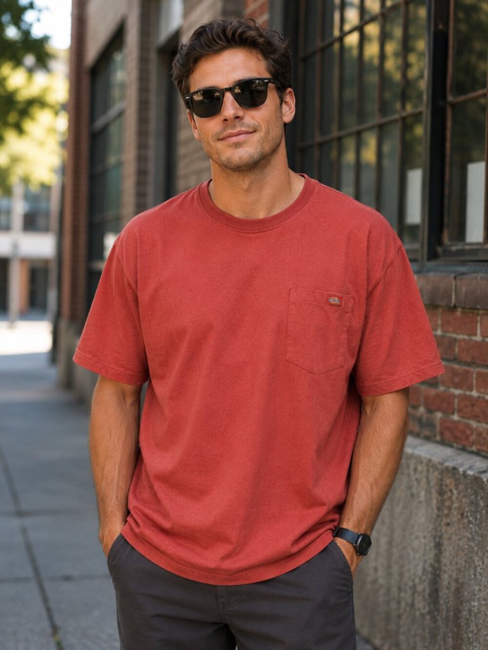 Dickies Men's Pocket T-Shirt Brick Red Crew Neck Cotton Blend Tee 2XL